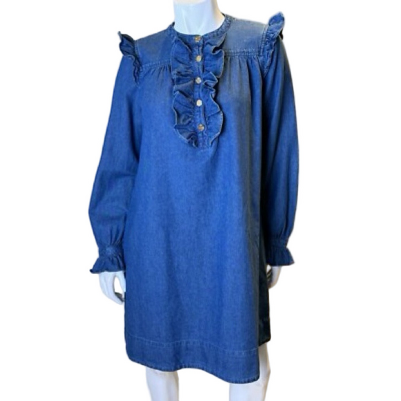 Draper James RSVP New Size L Jean Ruffle Long Sleeves Mini Dress Medium Wash - Picture 4 of 10